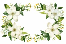 Watercolor Edelweiss Clipart With Small White Flowers And Green Leaves. Flowers Frame, Botanical Border, Design Template For Postcard, Invitation, Printing, Wedding, Isolated On White Background.