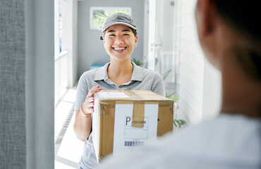 Wall Mural - Woman, portrait and delivery at front door with box for customer service or logistics, ecommerce or online shopping. Asian person, face and product parcel with distribution, supply chain or retail