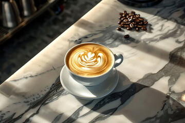 Wall Mural - A white coffee cup with a leaf design on it sits on a marble countertop