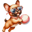 Fawn French Bulldog dog wearing heart-shaped sunglasses-play ball