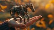 A delicate, hand-held steampunk horse figurine is presented against a warm, autumnal backdrop, with intricate gears and metallic details highlighted by the soft sunset light.