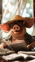 A Pig Agricultural Scientist In A Straw Hat Improves Livestock Feed Formulas, Snout Buried In Research Papers