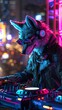A robotic wolf DJ, in trendy club wear, sets the vibe at the hotel's rooftop party, realistic ,  cinematic style.