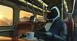 Penguin droid in a tux texts on a bullet train to a meeting
