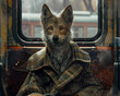 Wolf pup droid in a detective coat solves puzzles on a train, realistic ,  cinematic style.