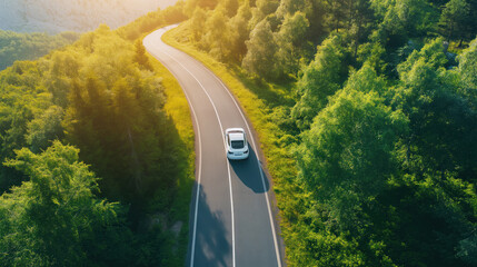 electric car on the road in the countryside, driving on sunny day near forest on green hills. modern