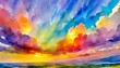 watercolor background sunset sky with puffy clouds painted in colorful skyscape with texture cloudy easter sunrise or colorful sunset in abstract illustration