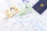 Fototapeta  - 日本のパスポート（一般旅券5年用紺色）と、韓国の通貨ウォンKRWの紙幣を用意して、韓国旅行の計画を立てる
