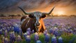 texas longhorn cow in a field of bluebonnets at sunset texas iconic landscape