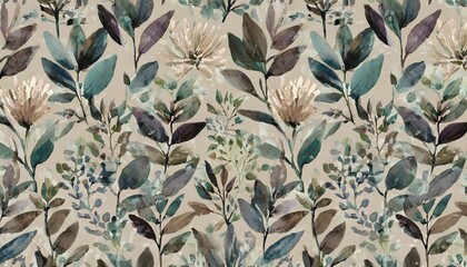 Wall Mural - watercolor floral seamless pattern in vintage rustic style colored garden illustration on ivory background hand painting print with abstract flowers leaves and plants design texture