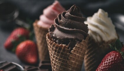 Wall Mural - ice cream cone wafer isolated set with vanilla chocolate and strawberry