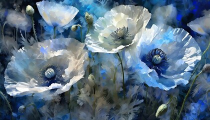 Wall Mural - abstract floral background with white and blue poppies vector illustration decorative blossom generative ai