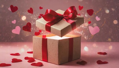 Wall Mural - empty surprise open gift box with red ribbon and heart on pink background party shopping poster valentine s day mothers day birthday and christmas concept greeting card romantic 3d rendering
