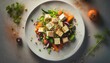 top view of a vegan tofu salad with vegetables on white plate ai generated