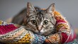 Playful Tabby Cat Entangled in Colorful Yarn Ball Highlighting Feline Curiosity and Mischief