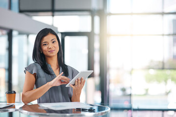 Canvas Print - Business, woman and portrait with tablet in office building as digital designer or company, market research or confident. Female person, face and web design or internet connection, app or startup