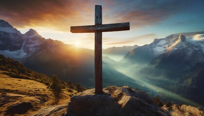 Canvas Print - wooden cross at sunrise with mountain landscape crucifixion and resurrection of jesus christ