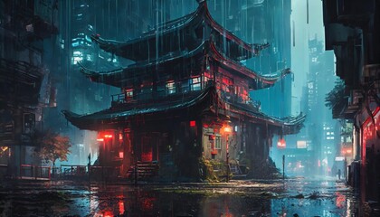 Wall Mural - cyberpunk temple japanese abstract illustration futuristic city dystoptic artwork at night 4k wallpaper rain moody empty future