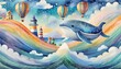 beautiful vector children seamless pattern contain cute watercolor flying whales with air balloons lighthouses clouds and rainbows stock illustration