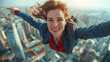 A woman is capturing a selfie while seemingly soaring above a city, her hair tousled by the wind and a joyous expression on her face