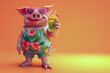 Funny pig tourist drinking mojito cocktail in solid orange background.Banner, design
