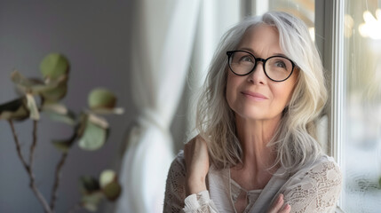 Wall Mural - Happy blonde old senior woman in elegant glasses looking away home portrait