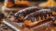 Tasty Eclairs on Wooden Background - Close up of Baked Brown Cake with Cream and Chocolate Confection
