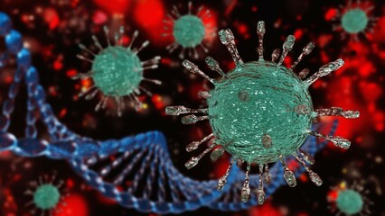 Poster - Close-up virus against the background of a DNA helix, infection with a new strain, infectious bacterium, 3D rendering