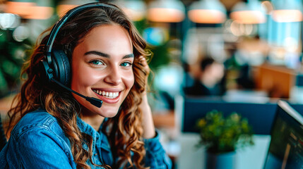 Jeune femme avec un casque et un micro, répondant aux clients