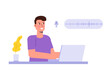 Voice search concept. Character speaking on microphone. Flat Vector illustration.