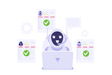 Fototapeta Panele - HR AI, robots scanning CV for searching vacancy candidates. Flat Vector illustration.