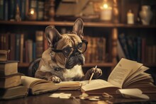 A Derpy French Bulldog Wearing Oversized Glasses Sitting At A Miniature Desk, Surrounded By Vintage Books In A Dimly Lit Reading Nook.