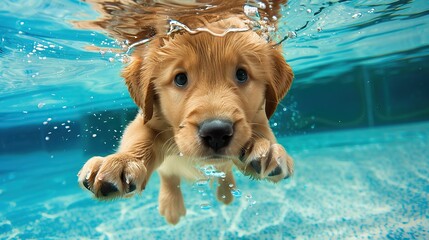 Wall Mural - Underwater funny photo of golden labrador retriever puppy in swimming pool play with fun umping, diving deep down. Actions, training games with family pets and popular dog breeds.