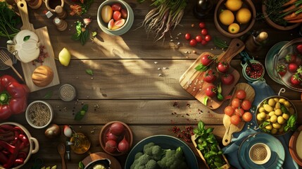 Create an engaging ad background depicting the journey of food from ingredients to a fully prepared meal, ideal for a cooking class advertisement.