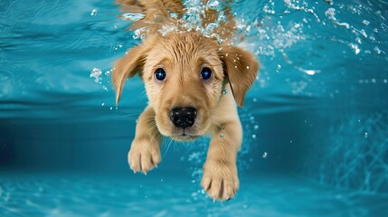 Wall Mural - Underwater funny photo of golden labrador retriever puppy in swimming pool play with fun umping, diving deep down. Actions, training games with family pets and popular dog breeds.