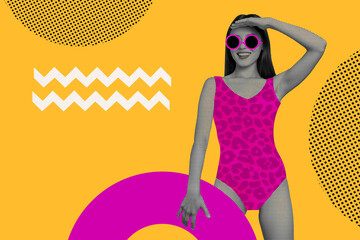 Sticker - Sketch image composite artwork photo collage of black white silhouette fashion woman wear sunglasses swimsuit pool summer season