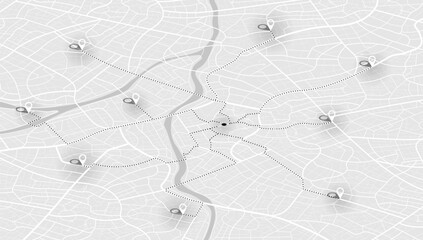 Concept of your location on map. Navigation to poi. Simple scheme of isometric city. Location tracks dashboard. Generic city map with signs of streets, roads, house. Vector illustration, background