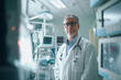 © Connect Images AI - A confident medical professional stands in a hospital corridor, donned in a white lab coat with a stethoscope around his neck, in front of medical equipment.