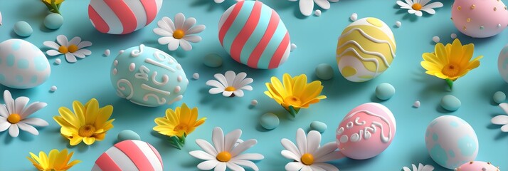 Clay Easter Eggs Spring Flowers Blue Background Seamless Pattern