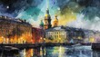 hand drawn sketch of saint petersburg with watercolor old city landscape