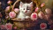 small white kitten in the basket with pink roses kitty and flowers