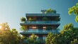 Modern apartment building rising against a backdrop of lush green trees and a clear blue sky, epitomizing urban living in harmony with nature, 3D rendering, AI Generative