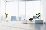 Fototapeta Panele - Modern white concrete office interior with panoramic windows and city view. Workplace concept. 3D Rendering.