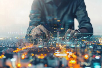 Wall Mural - Businessman working on financial data and business graphs charts in the style of city background double exposure