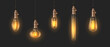 Glowing incandescent lightbulbs 3d realistic vector illustration set. Bright illumination equipment design. Lamps on transparent background