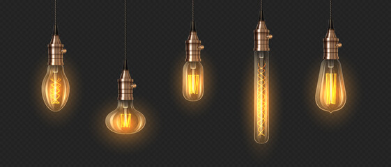 Canvas Print - Glowing incandescent lightbulbs 3d realistic vector illustration set. Bright illumination equipment design. Lamps on transparent background