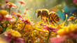 Close-up bee on wave of honey, with flowers in bokeh; perfect for eco, wellness, and design themes