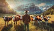 a man standing in a field with a herd of cows ai generated illustration
