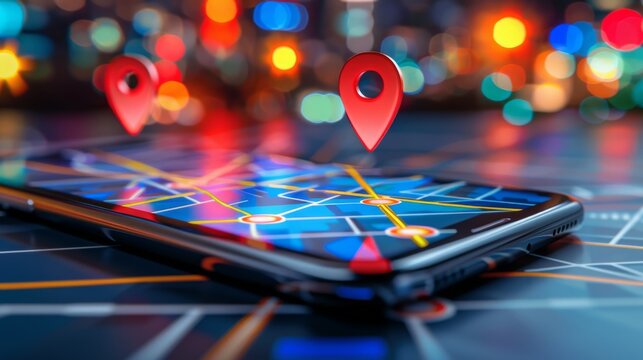 close up phone with gps on display, blurred city map background,