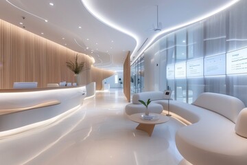 Modern minimalist dental clinic reception with sleek white furniture and ambient lighting